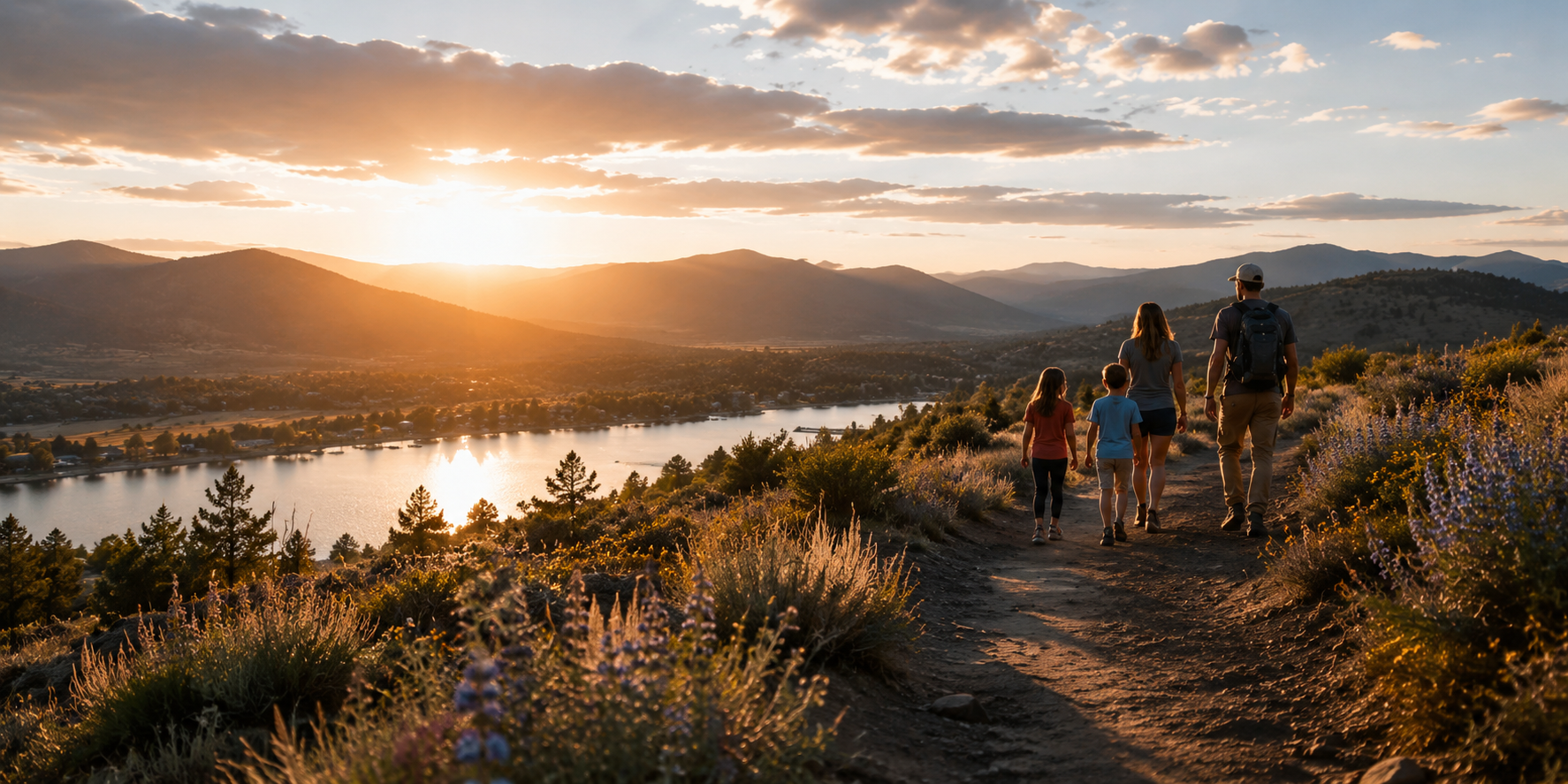 Family walking on a scenic trail at sunset